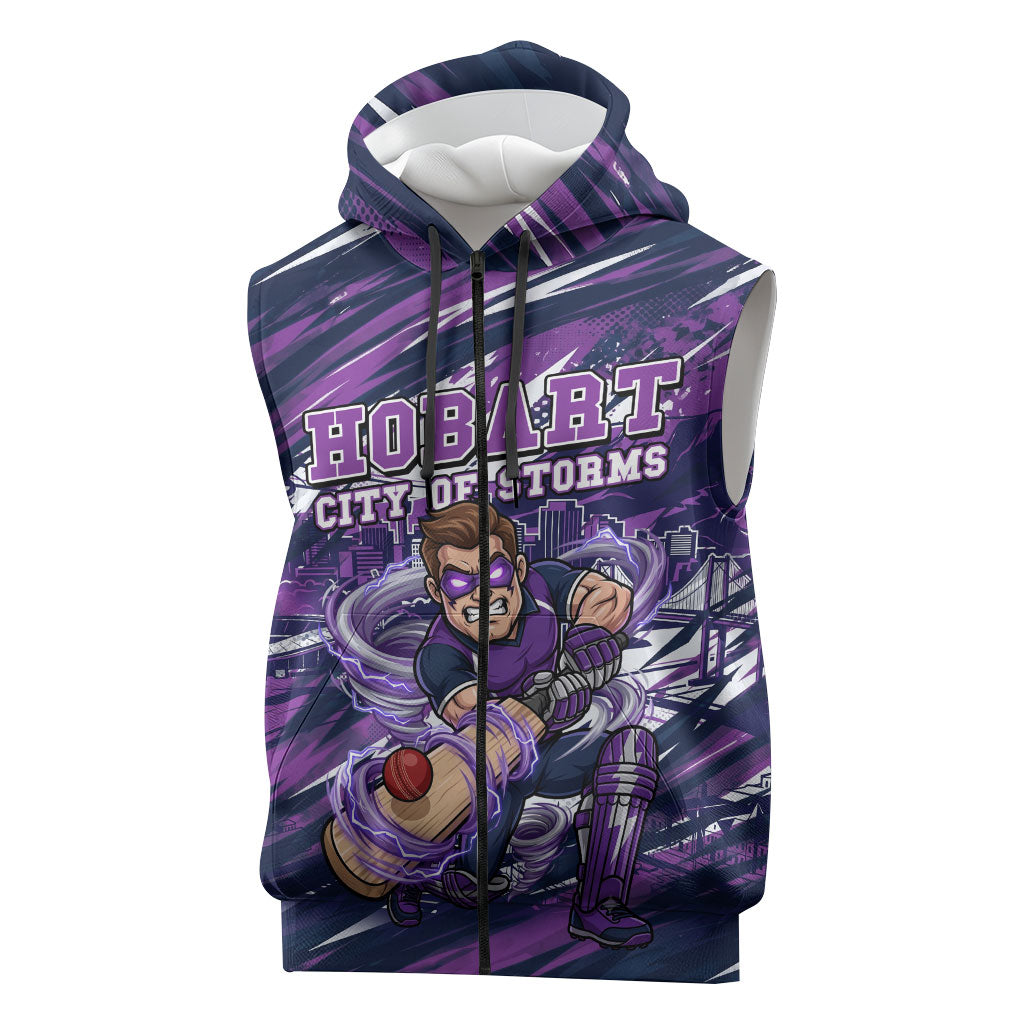 Personalised Hobart Hurricanes Cricket Fan Pride Sleeveless Zip Hoodie Dynamic Swirling Storm Cricket Graphic Art With Hobart Skyline