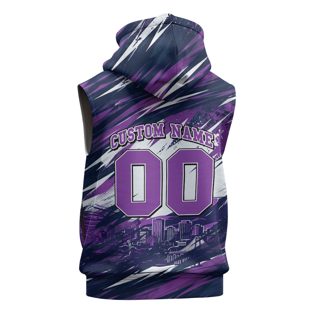 Personalised Hobart Hurricanes Cricket Fan Pride Sleeveless Zip Hoodie Dynamic Swirling Storm Cricket Graphic Art With Hobart Skyline