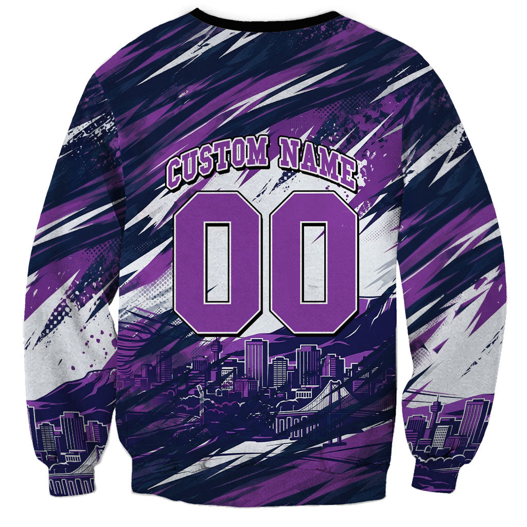 Personalised Hobart Hurricanes Cricket Fan Pride Sweatshirt Dynamic Swirling Storm Cricket Graphic Art With Hobart Skyline
