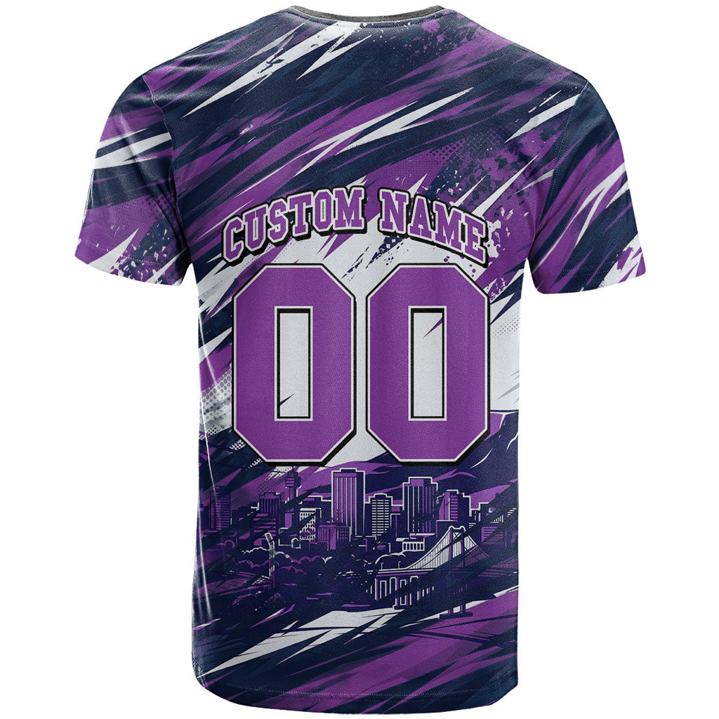 Personalised Hobart Hurricanes Cricket Fan Pride T Shirt Dynamic Swirling Storm Cricket Graphic Art With Hobart Skyline