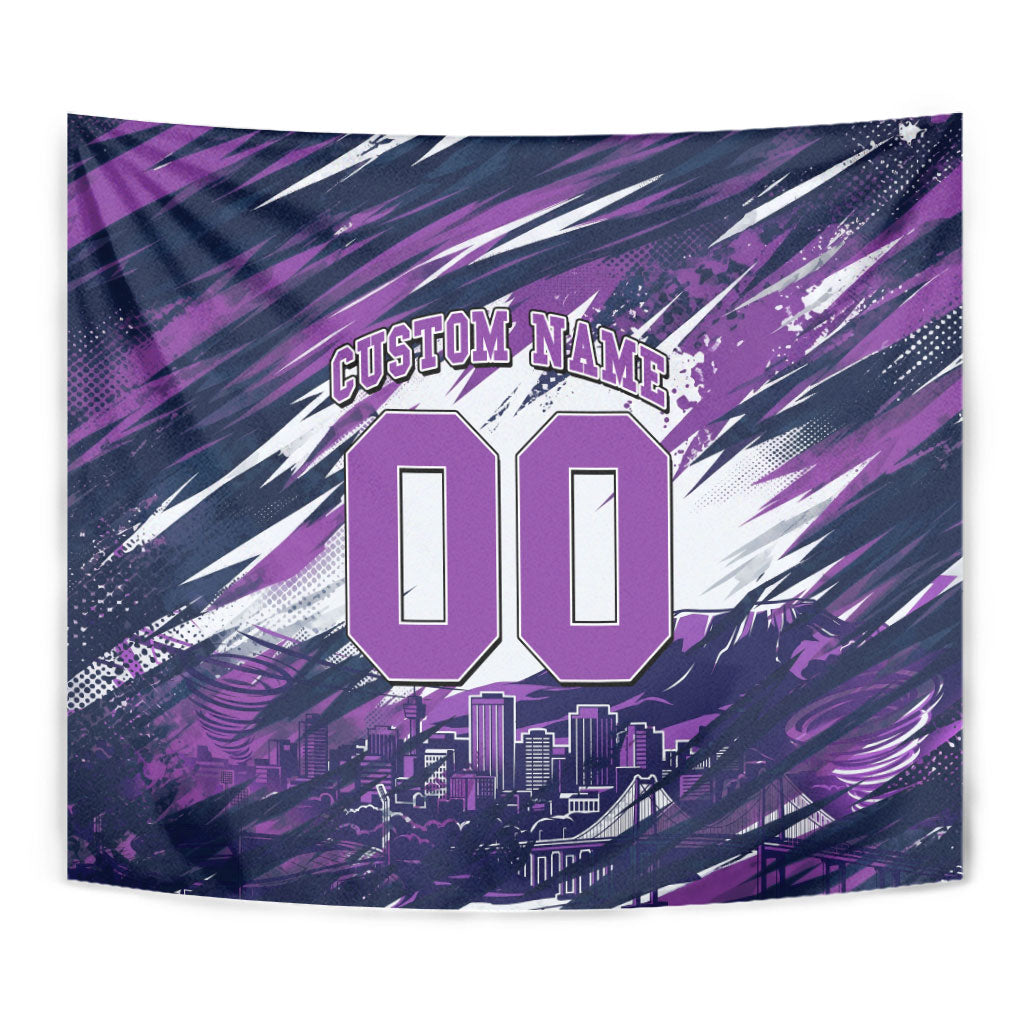 Personalised Hobart Hurricanes Cricket Fan Pride Tapestry Dynamic Swirling Storm Cricket Graphic Art With Hobart Skyline
