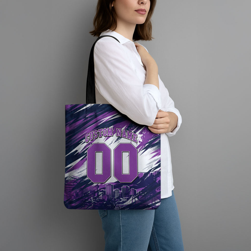 Personalised Hobart Hurricanes Cricket Fan Pride Tote Bag Dynamic Swirling Storm Cricket Graphic Art With Hobart Skyline