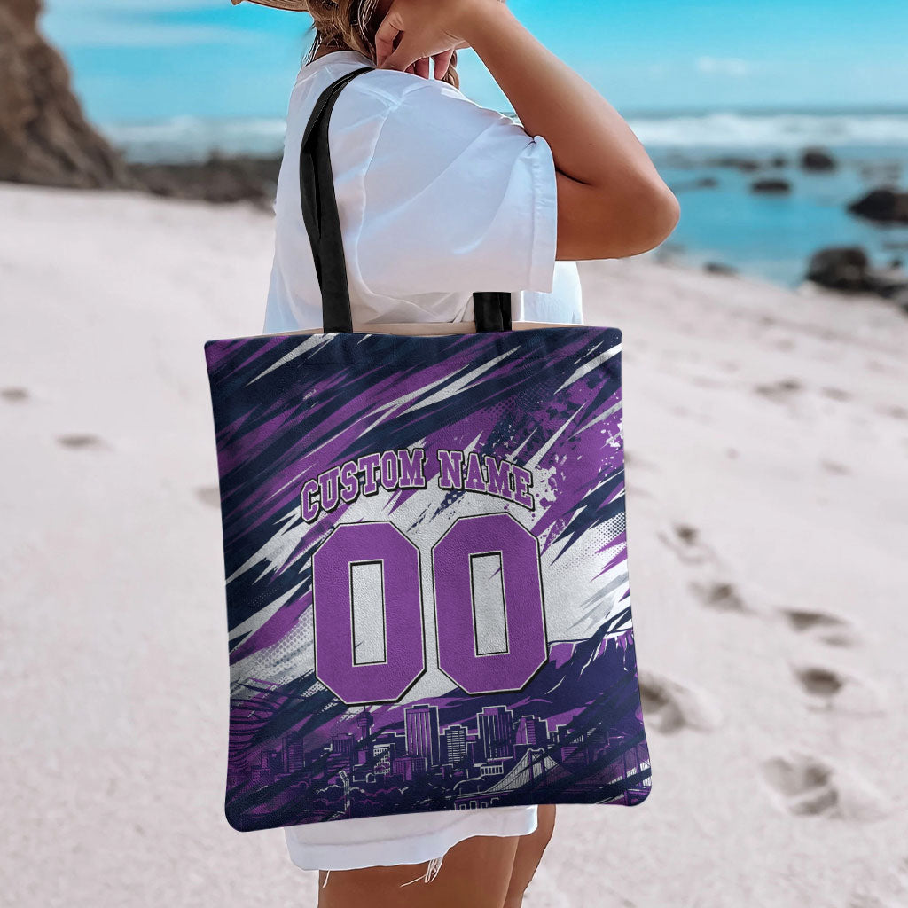 Personalised Hobart Hurricanes Cricket Fan Pride Tote Bag Dynamic Swirling Storm Cricket Graphic Art With Hobart Skyline