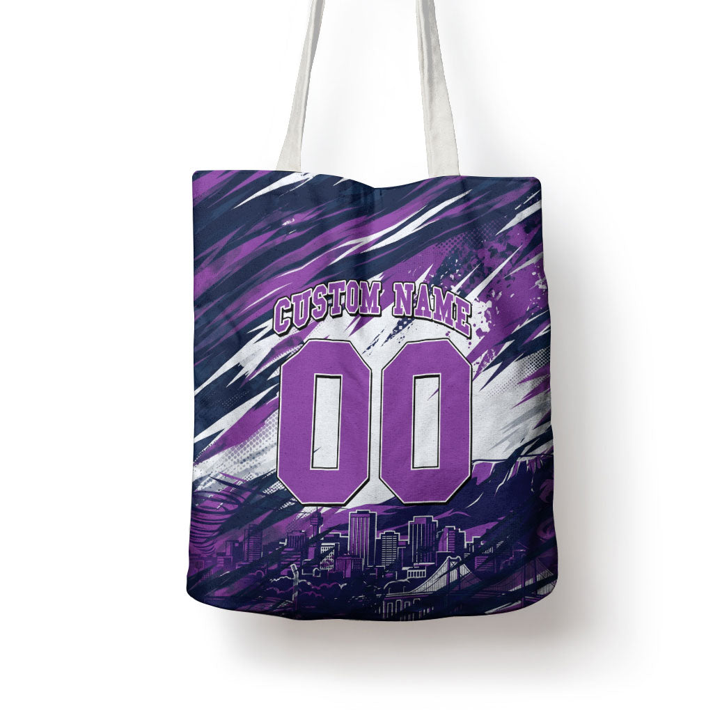 Personalised Hobart Hurricanes Cricket Fan Pride Tote Bag Dynamic Swirling Storm Cricket Graphic Art With Hobart Skyline