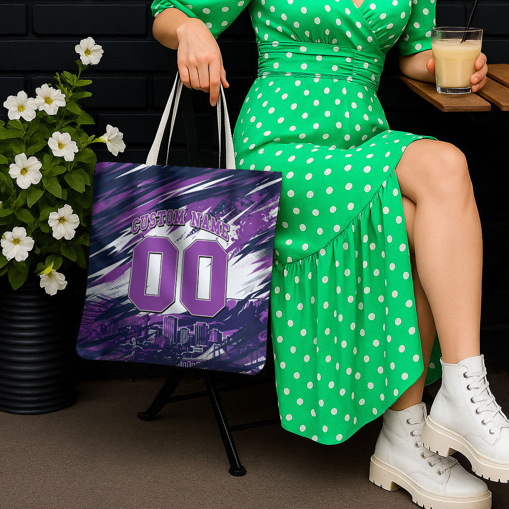 Personalised Hobart Hurricanes Cricket Fan Pride Tote Bag Dynamic Swirling Storm Cricket Graphic Art With Hobart Skyline