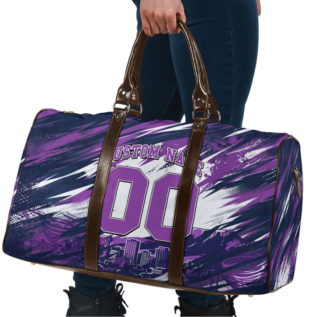 Personalised Hobart Hurricanes Cricket Fan Pride Travel Bag Dynamic Swirling Storm Cricket Graphic Art With Hobart Skyline