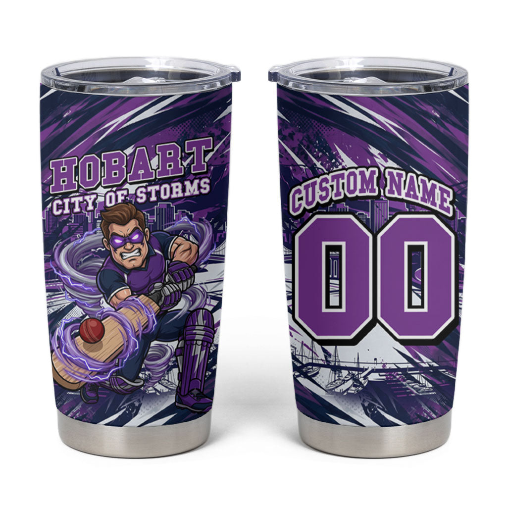Personalised Hobart Hurricanes Cricket Fan Pride Tumbler Cup Dynamic Swirling Storm Cricket Graphic Art With Hobart Skyline