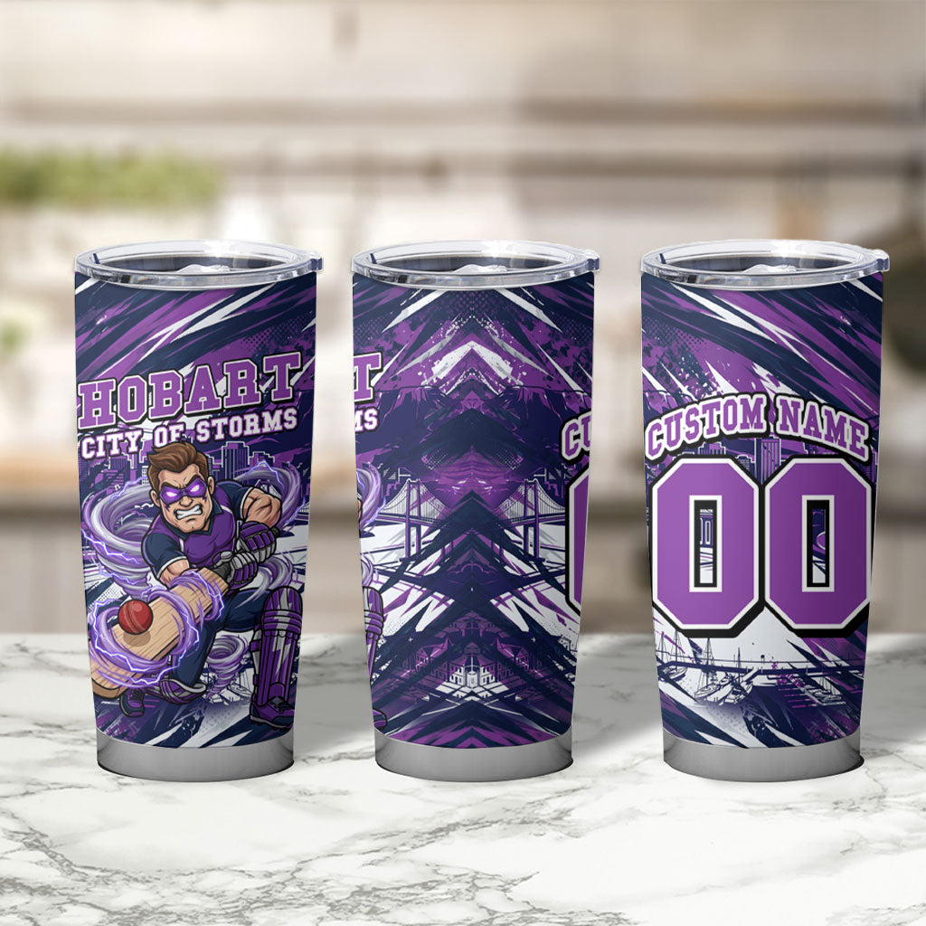 Personalised Hobart Hurricanes Cricket Fan Pride Tumbler Cup Dynamic Swirling Storm Cricket Graphic Art With Hobart Skyline