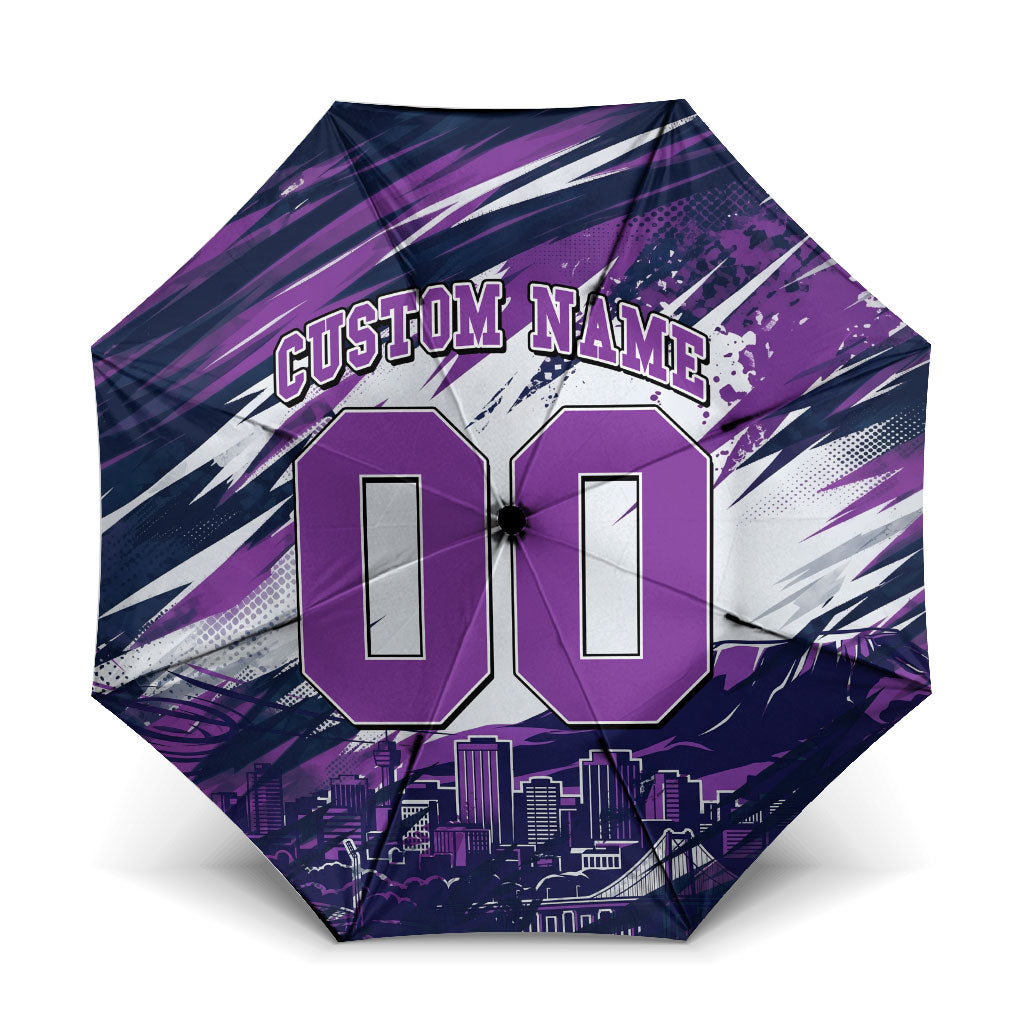 Personalised Hobart Hurricanes Cricket Fan Pride Umbrella Dynamic Swirling Storm Cricket Graphic Art With Hobart Skyline