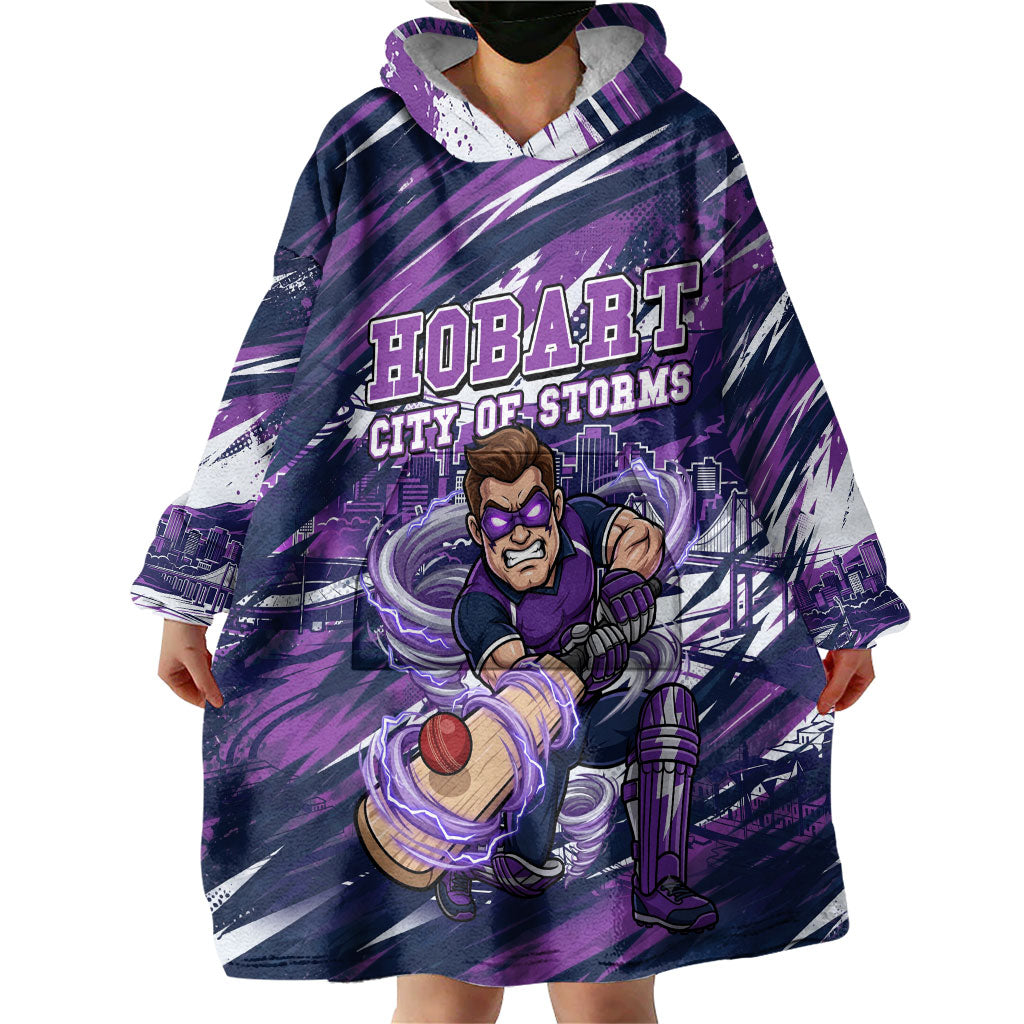 Personalised Hobart Hurricanes Cricket Fan Pride Wearable Blanket Hoodie Dynamic Swirling Storm Cricket Graphic Art With Hobart Skyline