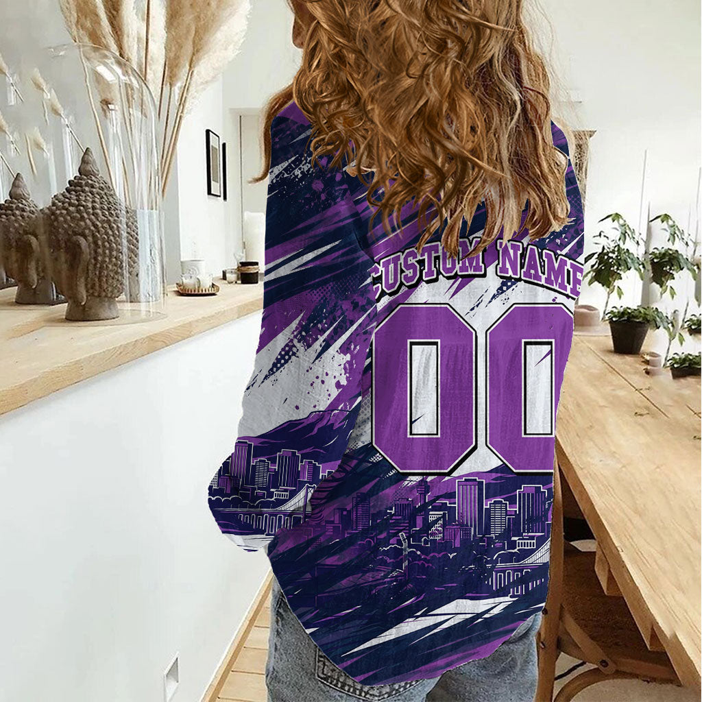 Personalised Hobart Hurricanes Cricket Fan Pride Women Casual Shirt Dynamic Swirling Storm Cricket Graphic Art With Hobart Skyline