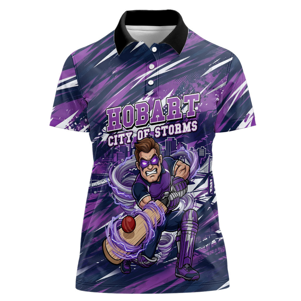 Personalised Hobart Hurricanes Cricket Fan Pride Women Polo Shirt Dynamic Swirling Storm Cricket Graphic Art With Hobart Skyline