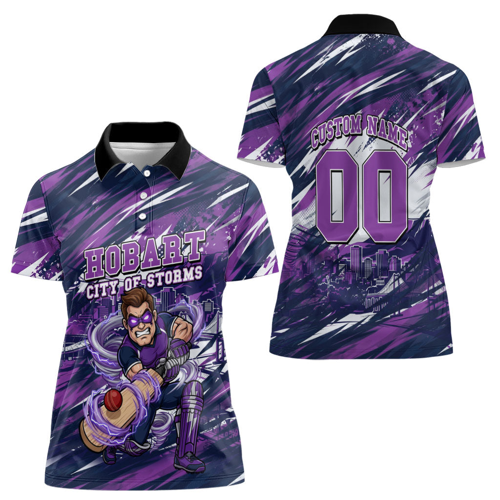 Personalised Hobart Hurricanes Cricket Fan Pride Women Polo Shirt Dynamic Swirling Storm Cricket Graphic Art With Hobart Skyline