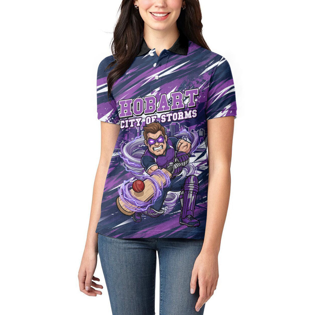 Personalised Hobart Hurricanes Cricket Fan Pride Women Polo Shirt Dynamic Swirling Storm Cricket Graphic Art With Hobart Skyline