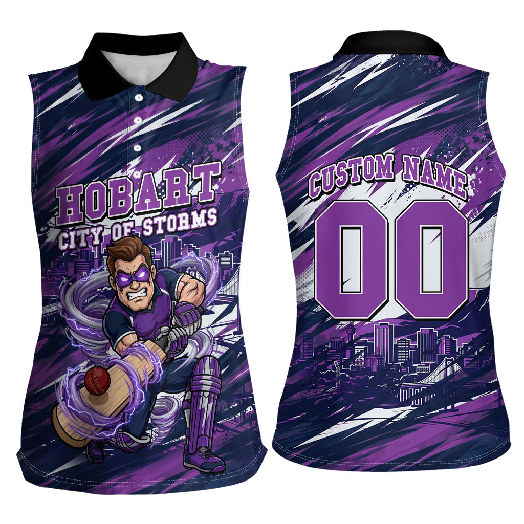 Personalised Hobart Hurricanes Cricket Fan Pride Women Sleeveless Polo Shirt Dynamic Swirling Storm Cricket Graphic Art With Hobart Skyline