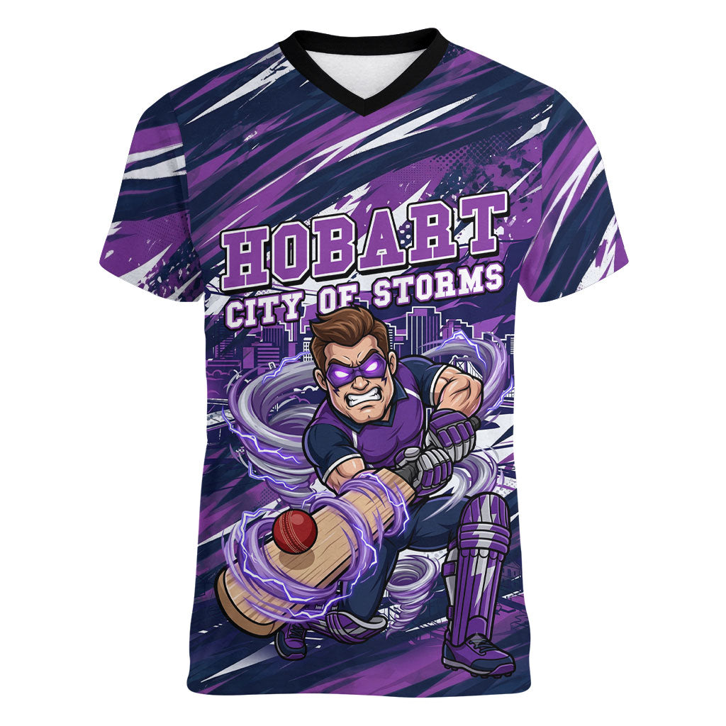 Personalised Hobart Hurricanes Cricket Fan Pride Women V-Neck T-Shirt Dynamic Swirling Storm Cricket Graphic Art With Hobart Skyline