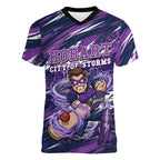 Personalised Hobart Hurricanes Cricket Fan Pride Women V-Neck T-Shirt Dynamic Swirling Storm Cricket Graphic Art With Hobart Skyline