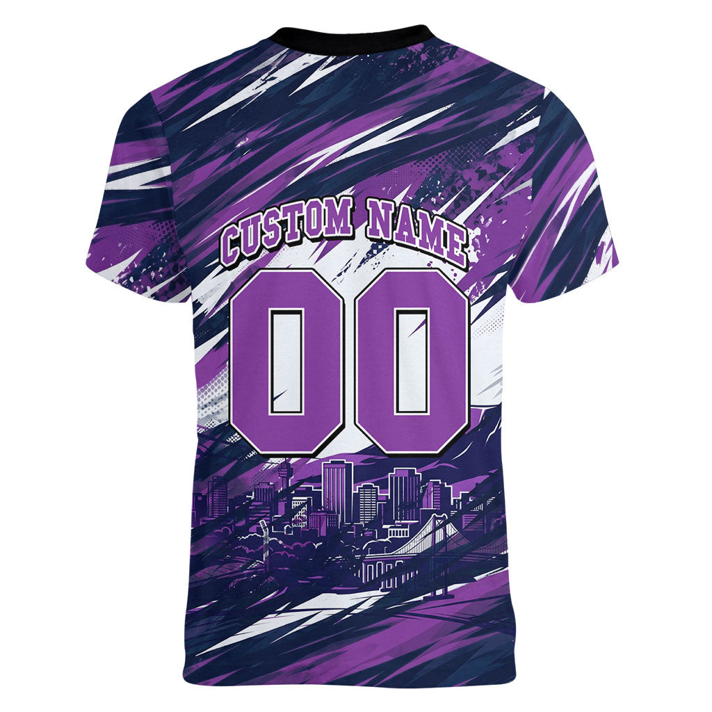 Personalised Hobart Hurricanes Cricket Fan Pride Women V-Neck T-Shirt Dynamic Swirling Storm Cricket Graphic Art With Hobart Skyline