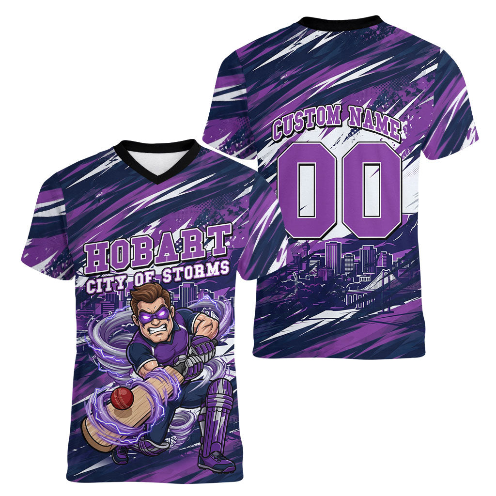 Personalised Hobart Hurricanes Cricket Fan Pride Women V-Neck T-Shirt Dynamic Swirling Storm Cricket Graphic Art With Hobart Skyline