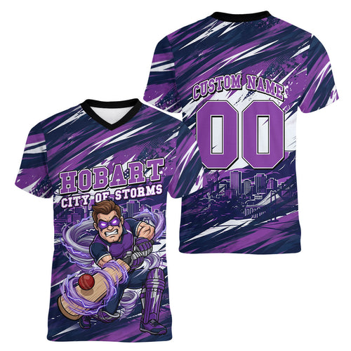 Personalised Hobart Hurricanes Cricket Fan Pride Women V-Neck T-Shirt Dynamic Swirling Storm Cricket Graphic Art With Hobart Skyline