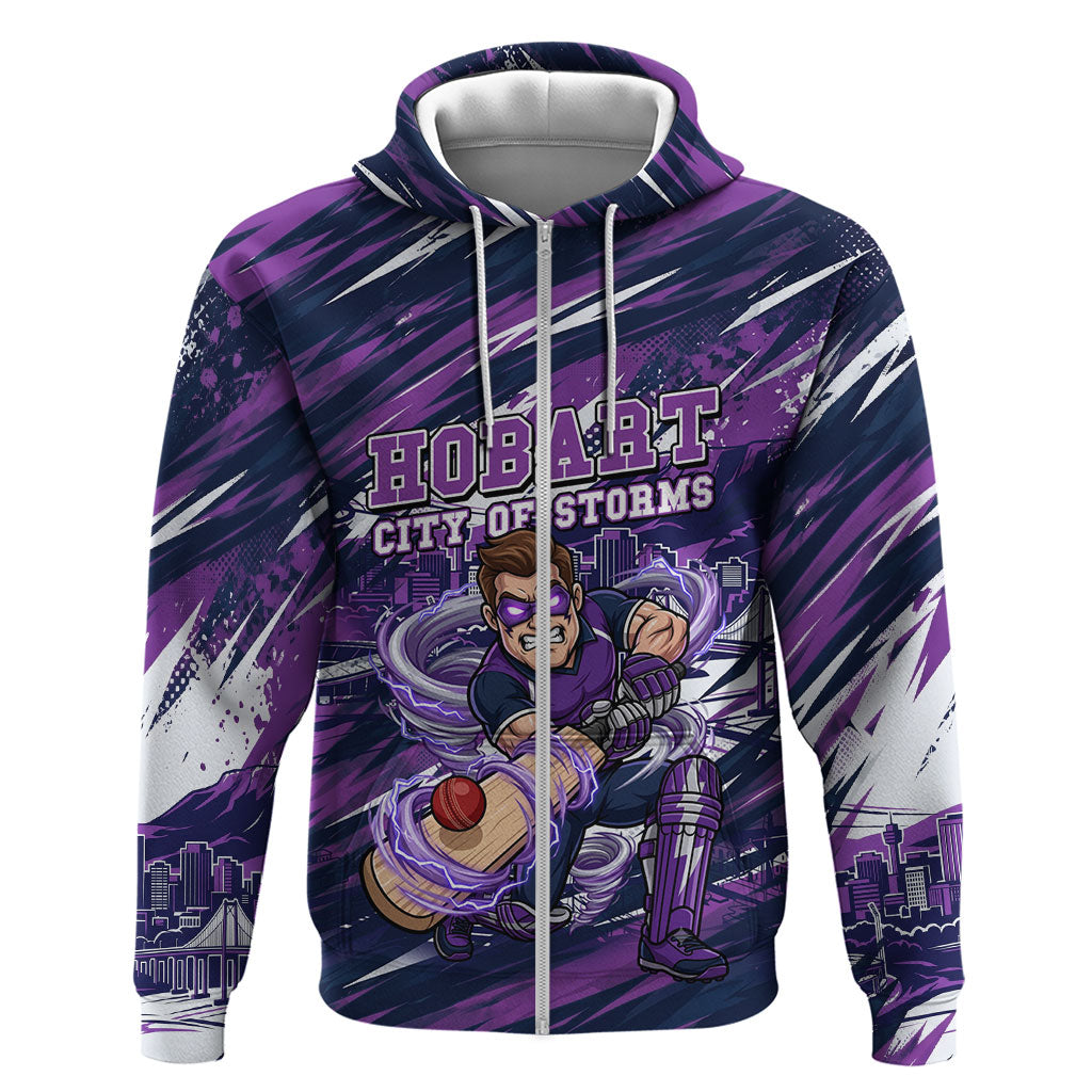 Personalised Hobart Hurricanes Cricket Fan Pride Zip Hoodie Dynamic Swirling Storm Cricket Graphic Art With Hobart Skyline