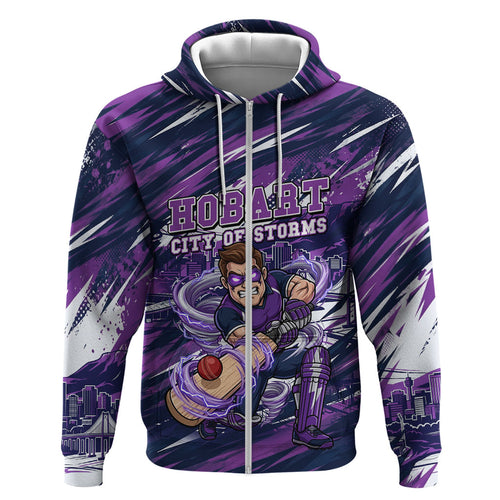 Personalised Hobart Hurricanes Cricket Fan Pride Zip Hoodie Dynamic Swirling Storm Cricket Graphic Art With Hobart Skyline