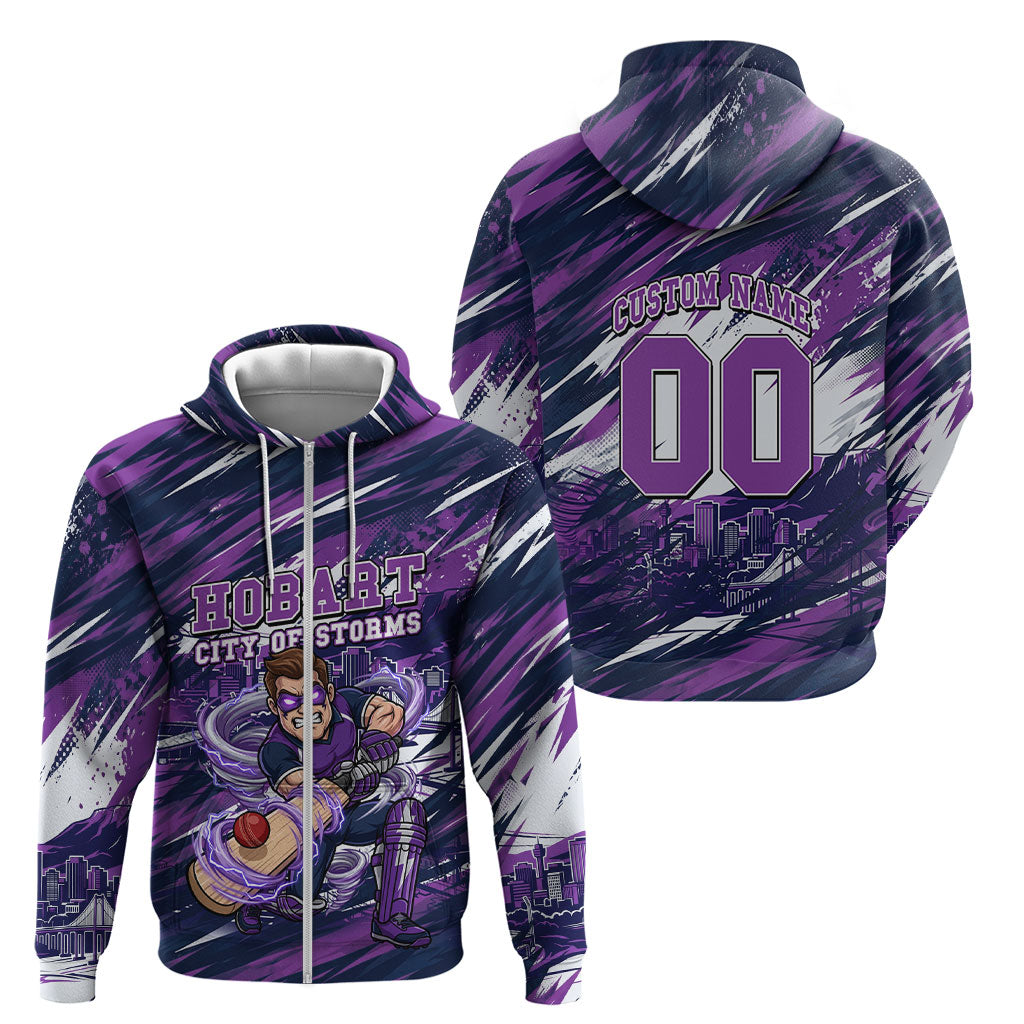 Personalised Hobart Hurricanes Cricket Fan Pride Zip Hoodie Dynamic Swirling Storm Cricket Graphic Art With Hobart Skyline
