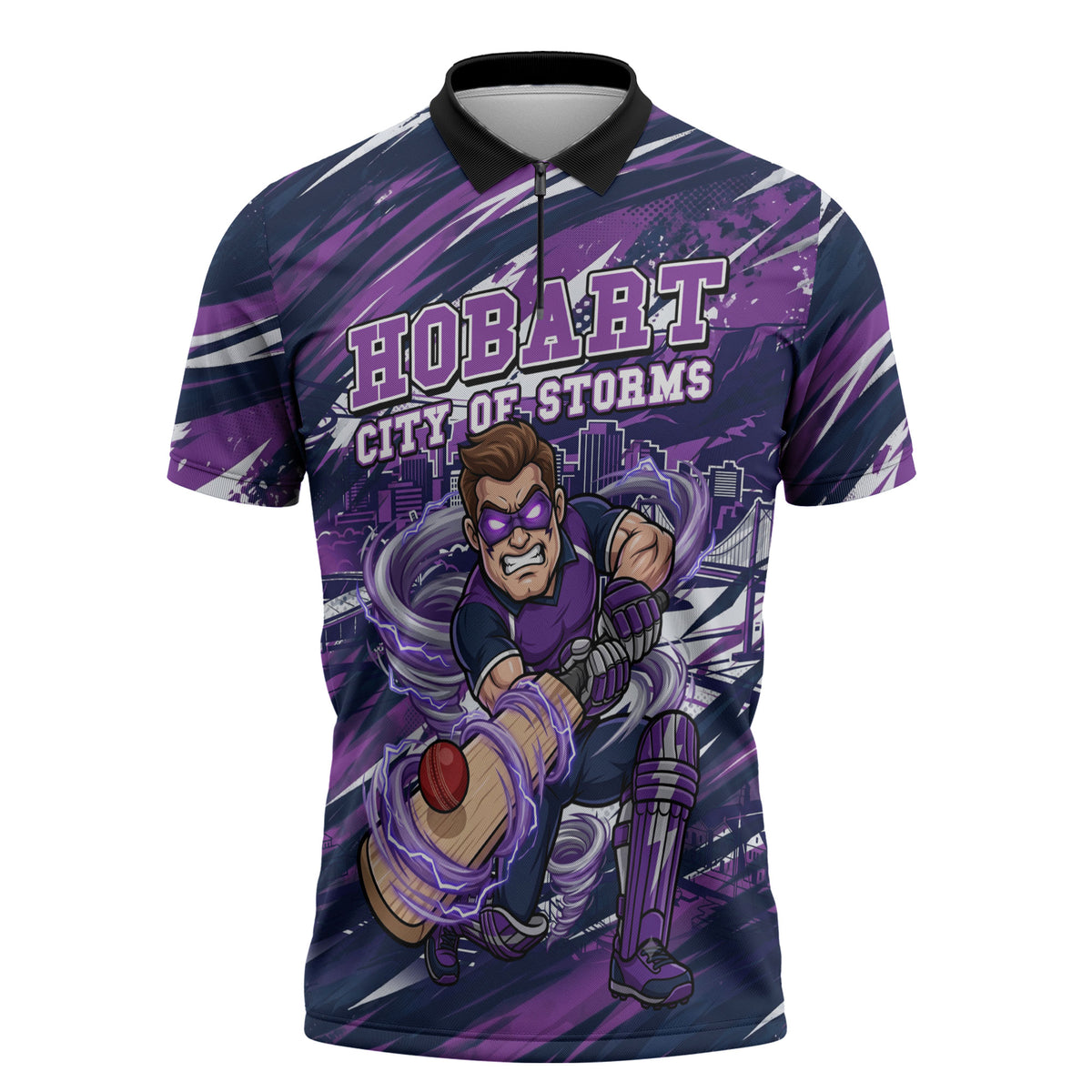 Personalised Hobart Hurricanes Cricket Fan Pride Zipper Polo Shirt Dynamic Swirling Storm Cricket Graphic Art With Hobart Skyline