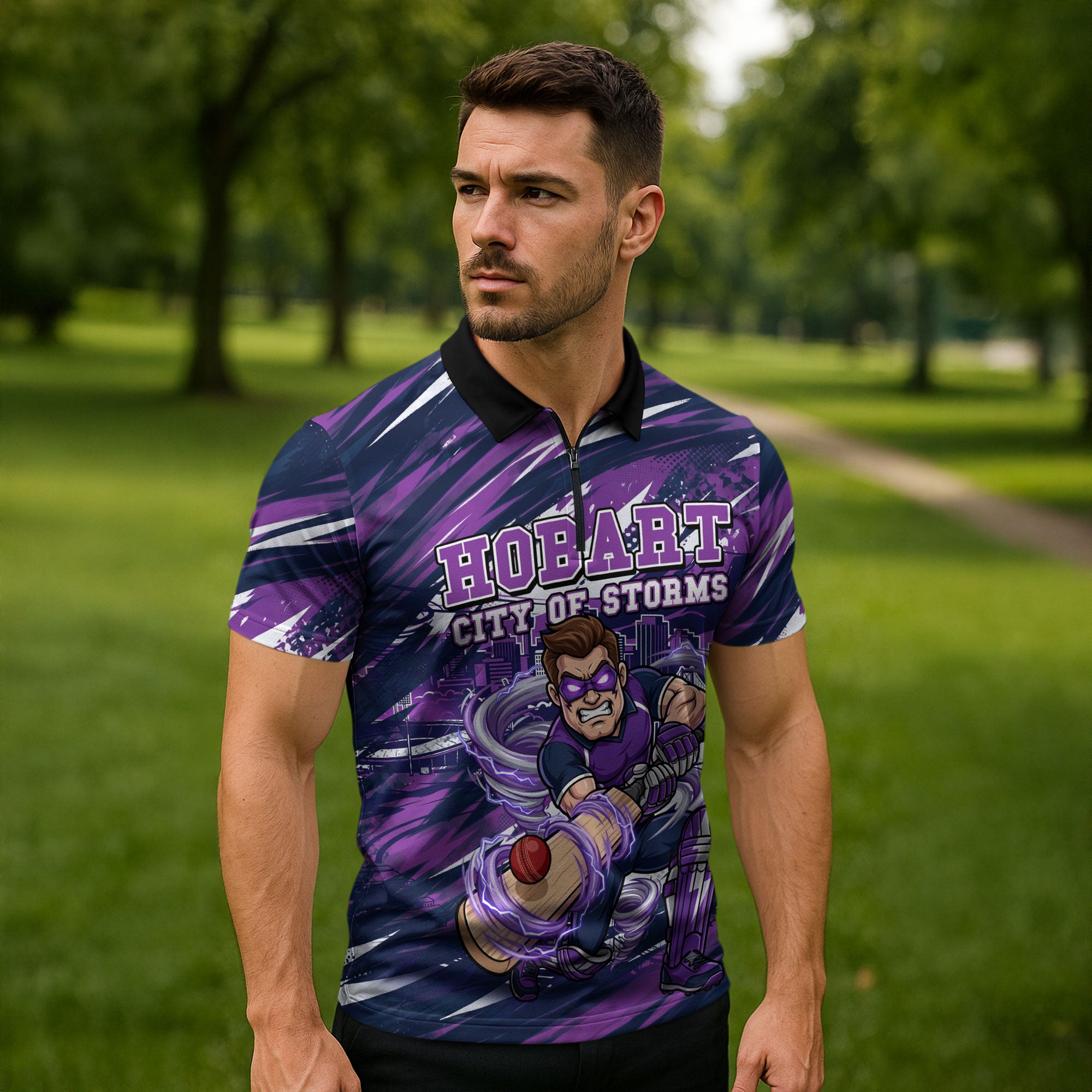 Personalised Hobart Hurricanes Cricket Fan Pride Zipper Polo Shirt Dynamic Swirling Storm Cricket Graphic Art With Hobart Skyline