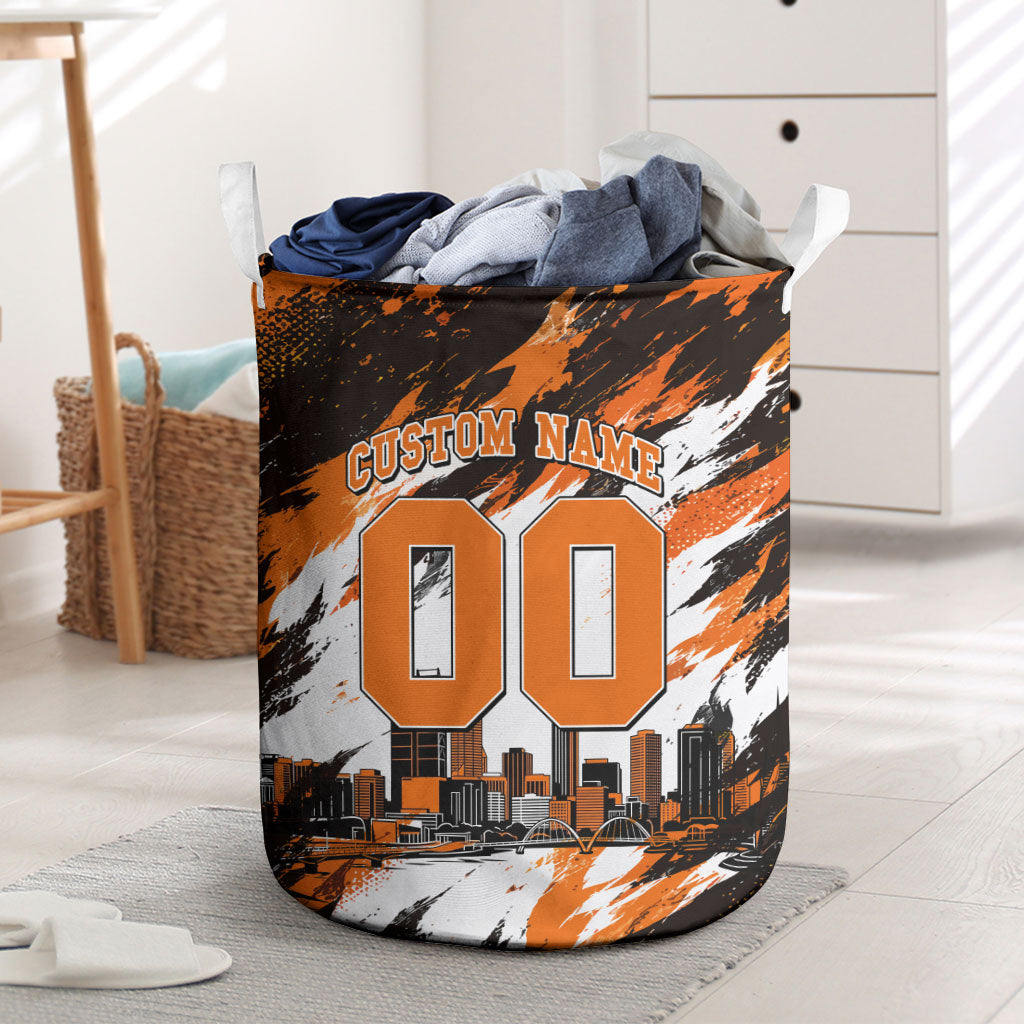 Personalised Perth Scorchers Cricket Fan Pride Laundry Basket Dynamic Flaming Dragon Art With Perth City Skyline