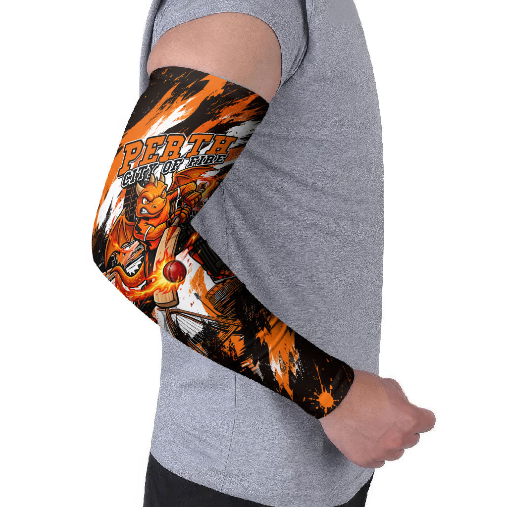 Personalised Perth Scorchers Cricket Fan Pride Arm Sleeves Dynamic Flaming Dragon Art With Perth City Skyline