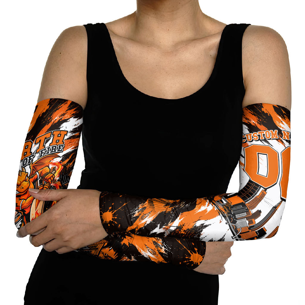 Personalised Perth Scorchers Cricket Fan Pride Arm Sleeves Dynamic Flaming Dragon Art With Perth City Skyline