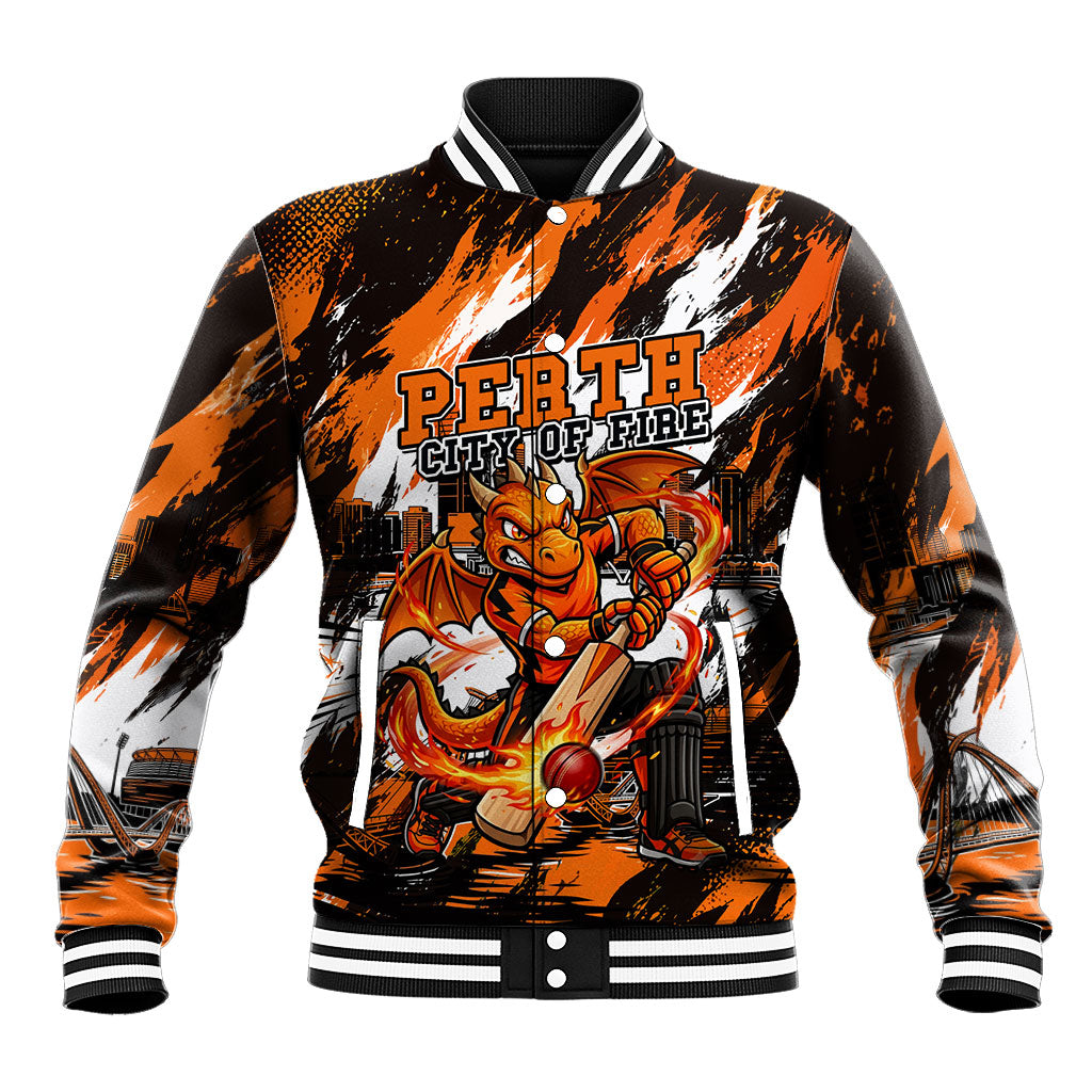Personalised Perth Scorchers Cricket Fan Pride Baseball Jacket Dynamic Flaming Dragon Art With Perth City Skyline