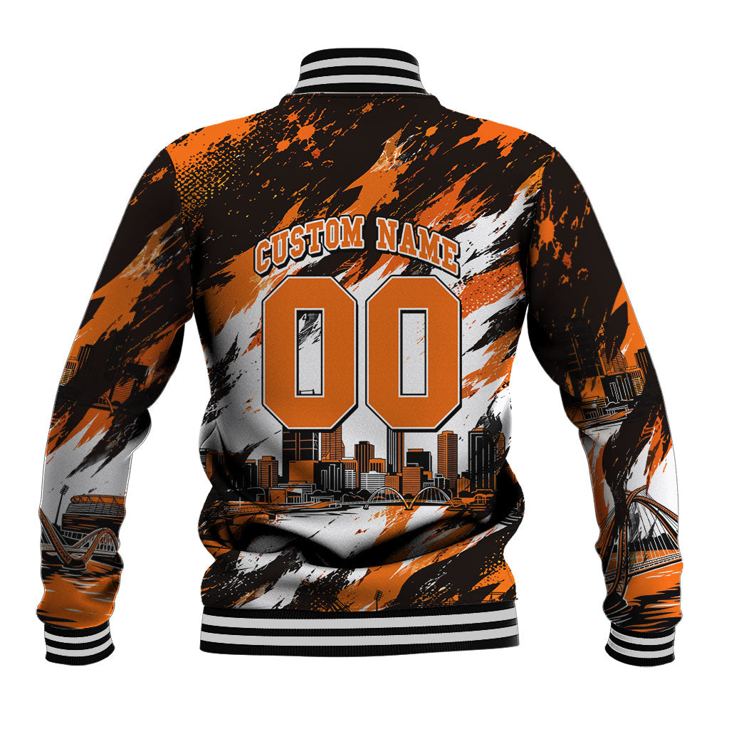 Personalised Perth Scorchers Cricket Fan Pride Baseball Jacket Dynamic Flaming Dragon Art With Perth City Skyline