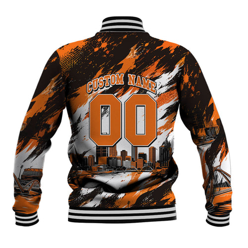 Personalised Perth Scorchers Cricket Fan Pride Baseball Jacket Dynamic Flaming Dragon Art With Perth City Skyline