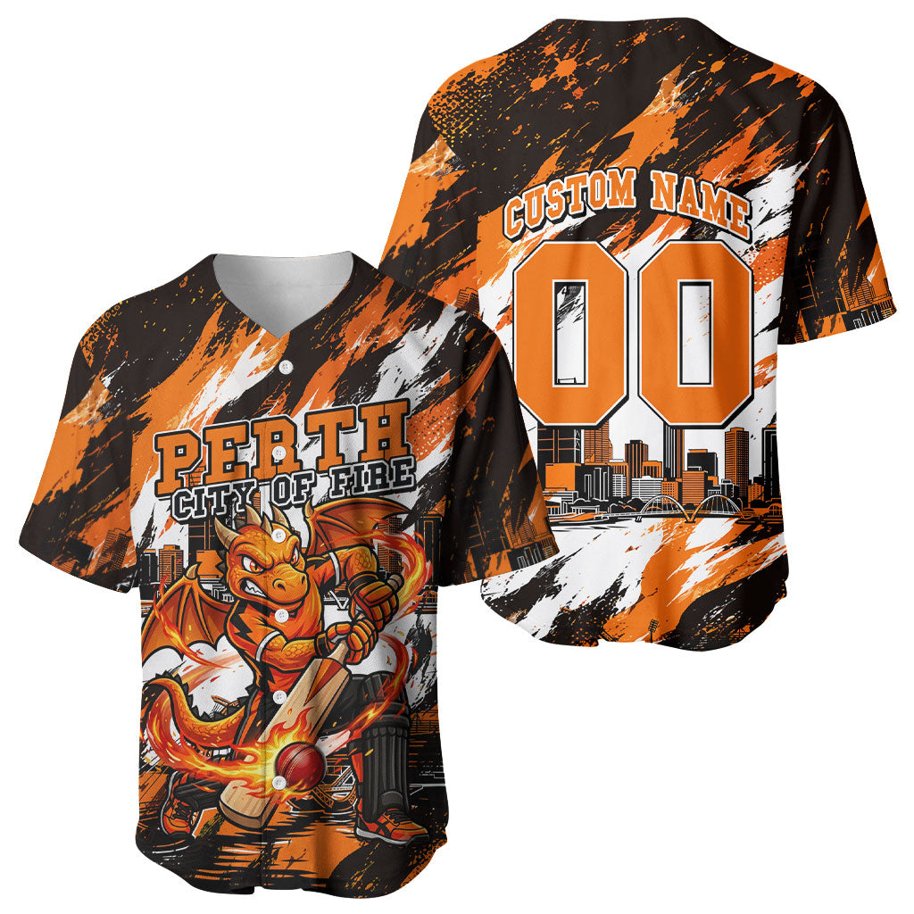 Personalised Perth Scorchers Cricket Fan Pride Baseball Jersey Dynamic Flaming Dragon Art With Perth City Skyline