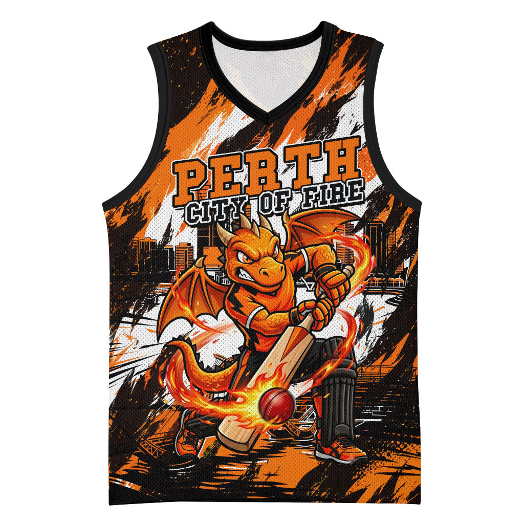 Personalised Perth Scorchers Cricket Fan Pride Basketball Jersey Dynamic Flaming Dragon Art With Perth City Skyline