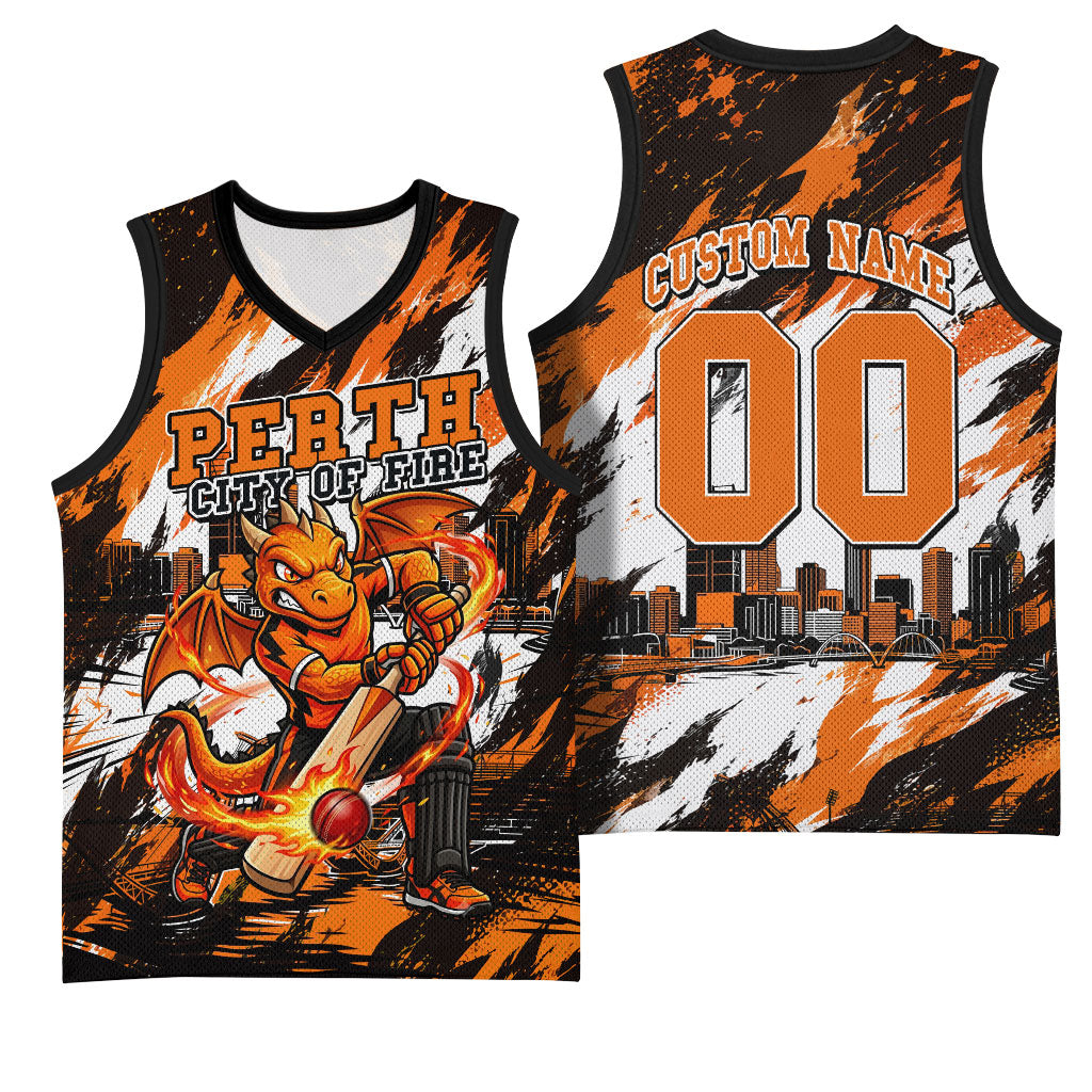 Personalised Perth Scorchers Cricket Fan Pride Basketball Jersey Dynamic Flaming Dragon Art With Perth City Skyline