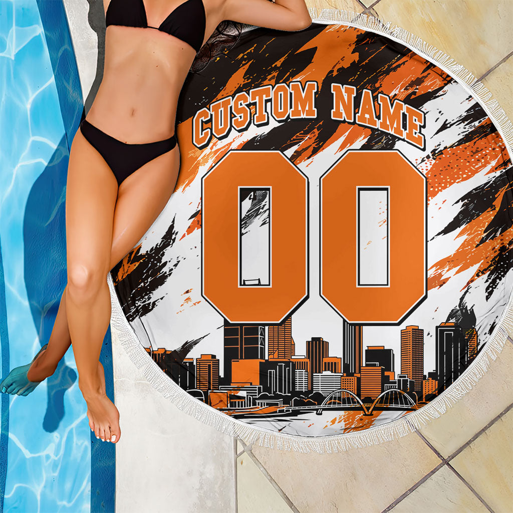 Personalised Perth Scorchers Cricket Fan Pride Beach Blanket Dynamic Flaming Dragon Art With Perth City Skyline