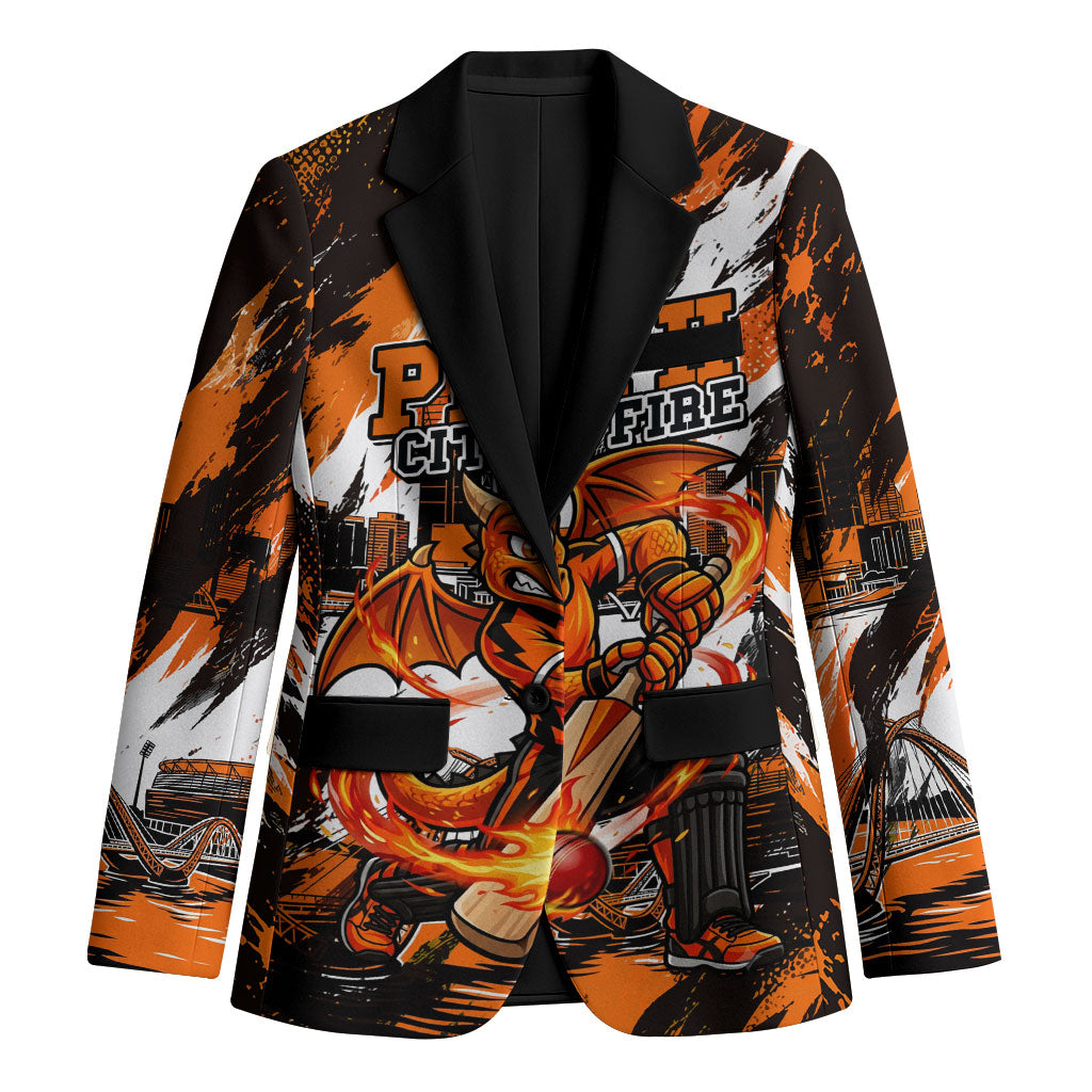 Personalised Perth Scorchers Cricket Fan Pride Blazer Dynamic Flaming Dragon Art With Perth City Skyline