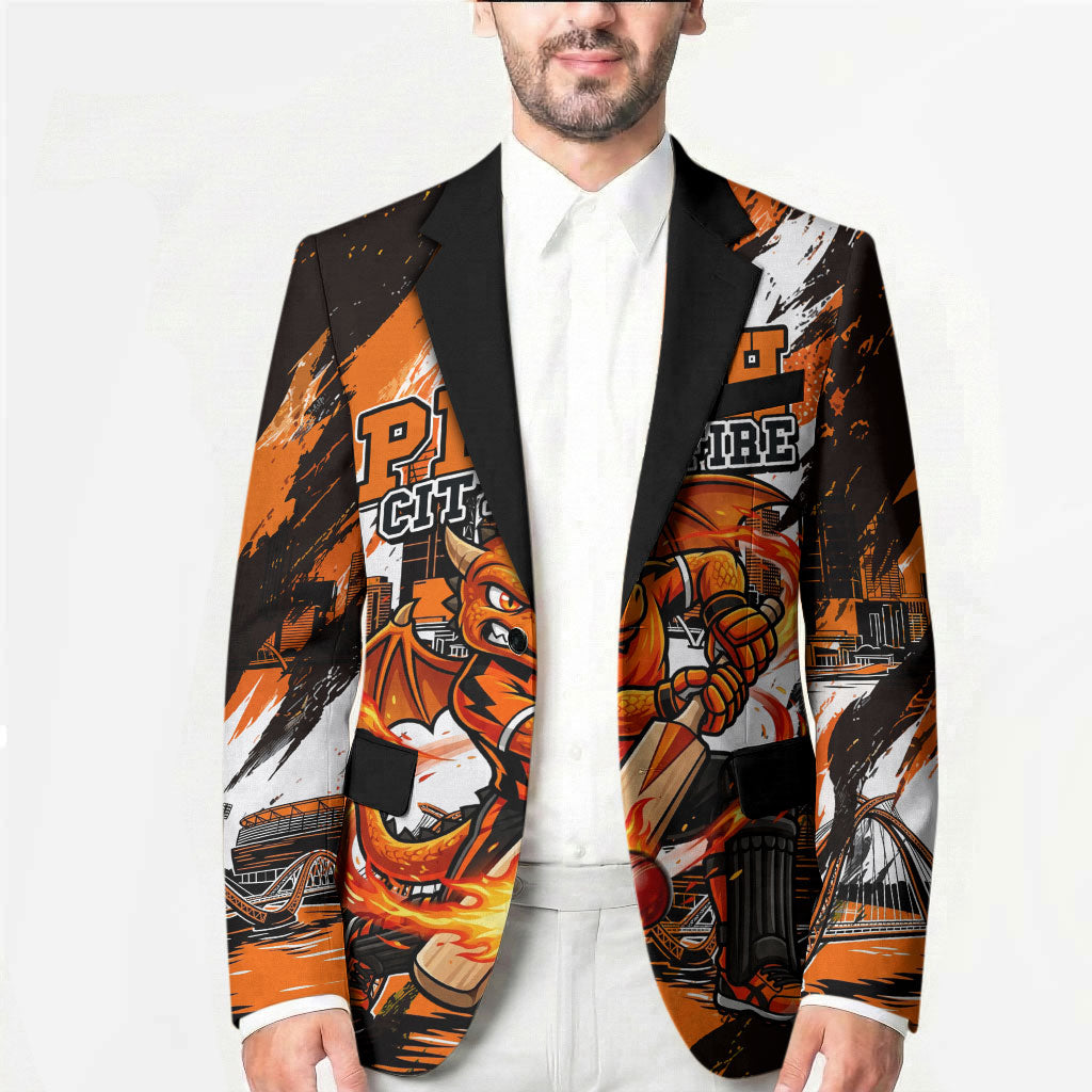 Personalised Perth Scorchers Cricket Fan Pride Blazer Dynamic Flaming Dragon Art With Perth City Skyline