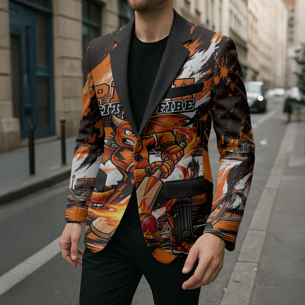 Personalised Perth Scorchers Cricket Fan Pride Blazer Dynamic Flaming Dragon Art With Perth City Skyline