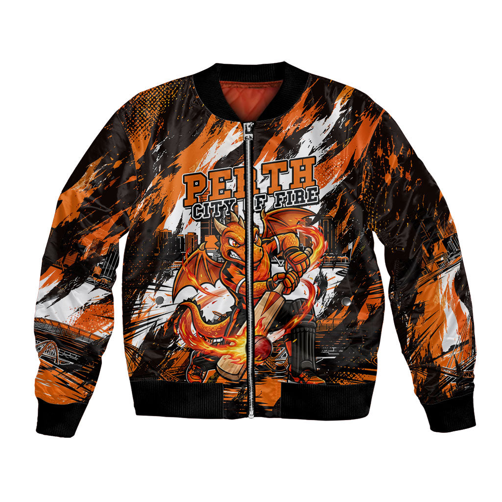 Personalised Perth Scorchers Cricket Fan Pride Bomber Jacket Dynamic Flaming Dragon Art With Perth City Skyline