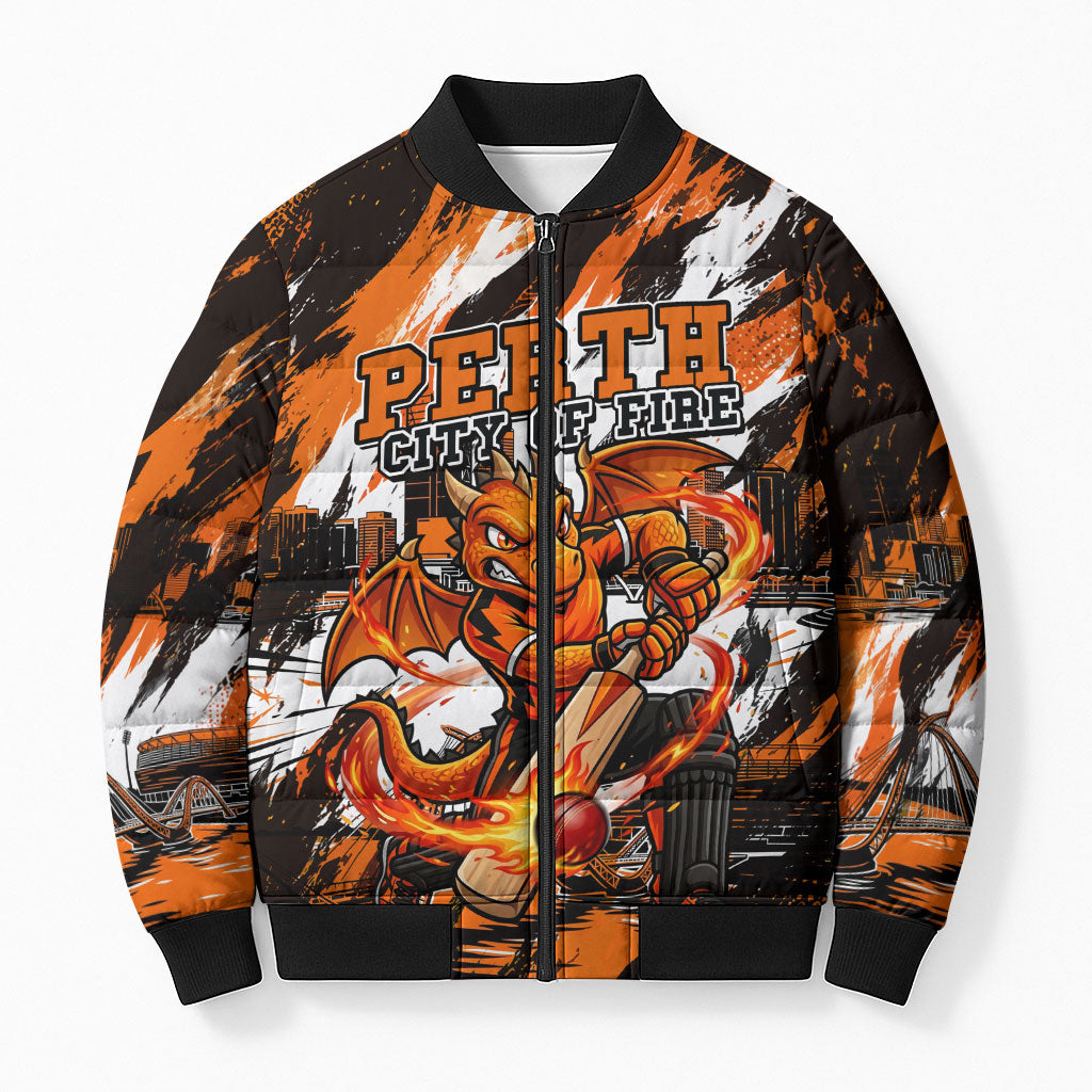 Personalised Perth Scorchers Cricket Fan Pride Bomber Puffer Jacket Dynamic Flaming Dragon Art With Perth City Skyline