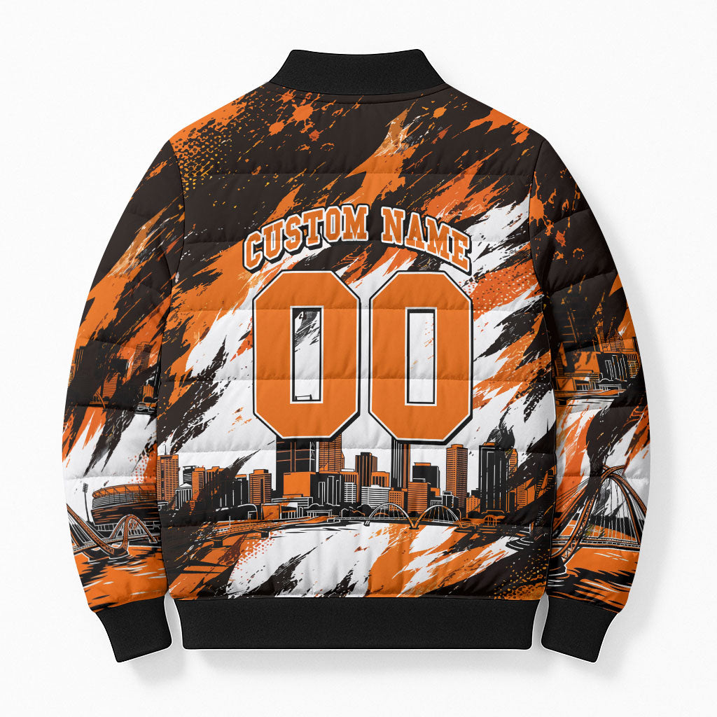 Personalised Perth Scorchers Cricket Fan Pride Bomber Puffer Jacket Dynamic Flaming Dragon Art With Perth City Skyline