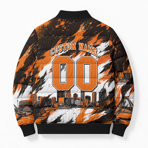 Personalised Perth Scorchers Cricket Fan Pride Bomber Puffer Jacket Dynamic Flaming Dragon Art With Perth City Skyline