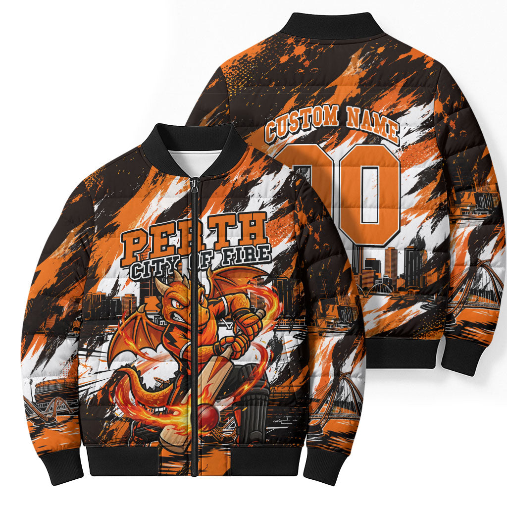 Personalised Perth Scorchers Cricket Fan Pride Bomber Puffer Jacket Dynamic Flaming Dragon Art With Perth City Skyline