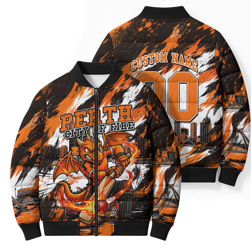 Personalised Perth Scorchers Cricket Fan Pride Bomber Puffer Jacket Dynamic Flaming Dragon Art With Perth City Skyline