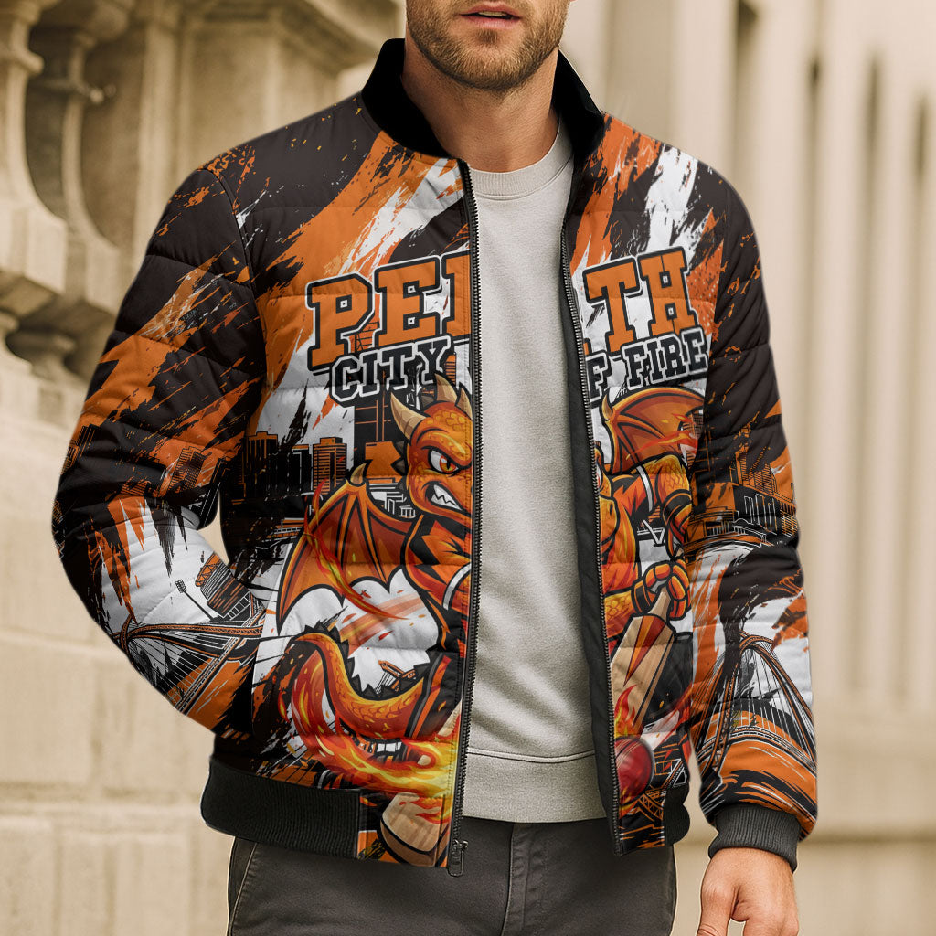 Personalised Perth Scorchers Cricket Fan Pride Bomber Puffer Jacket Dynamic Flaming Dragon Art With Perth City Skyline