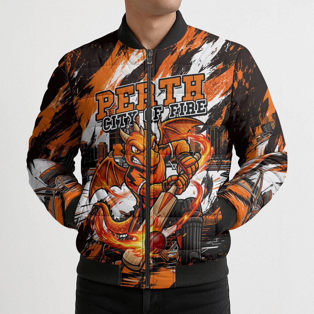 Personalised Perth Scorchers Cricket Fan Pride Bomber Puffer Jacket Dynamic Flaming Dragon Art With Perth City Skyline